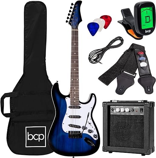 Best Choice Products 39in Full Size Beginner Electric Guitar Starter Kit w/Case, Strap, 10W Amp, Strings, Pick, Tremolo Bar - Hollywood Blue