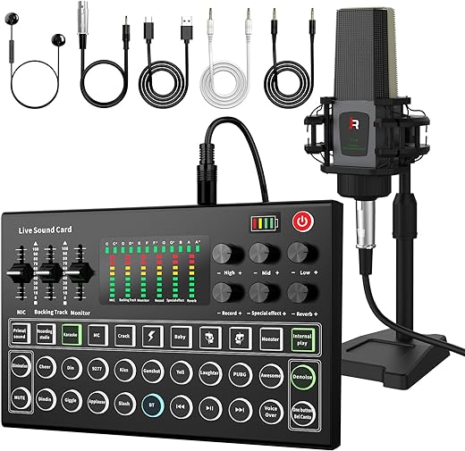 RHM Podcast Equipment Bundle, All-in-One Audio Interface DJ Mixer with Microphone, Stand, Monitor Earphone, Audio Mixer With Sound card for PC/Laptop/Phone, Streaming/Podcasting/Gaming